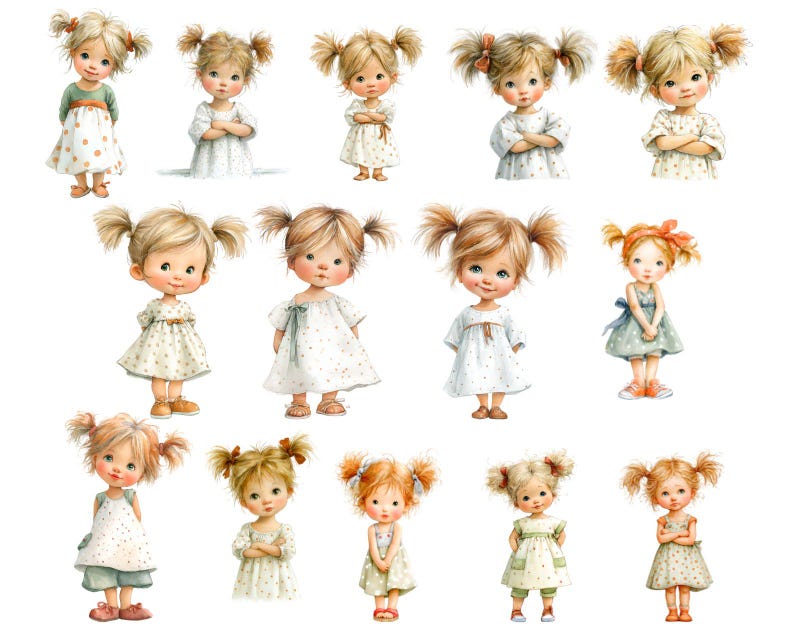 May include: A collection of watercolour illustrations depicting young girls with blonde or light brown hair in pigtails. The girls are dressed in dresses of various colours, including white, green, and blue, with polka dot and floral patterns. The illustrations have a soft, whimsical style.