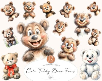 17 Bear PNG Cliparts | Cute Teddy Bear Faces for Baby Shower, Kids Party, Nursery Decor, Scrapbooking, Cardmaking & Printable Art