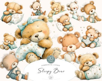 33 PNG Sleepy Bear Clipart • Soft Beige & Baby Blue Teddy Bear Illustrations • Instant Download