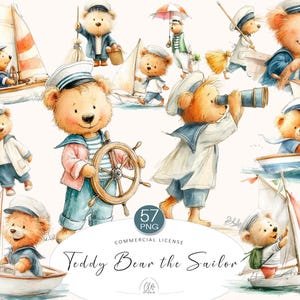 57 teddybeer matroos clipart png |  Nautische aquarelberen met boten en hoeden | Direct downloaden