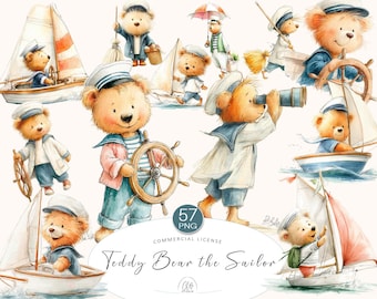 57 Teddy Bear Sailor Clipart PNG |  Nautical Watercolor Bears with Boats & Hats | Instant Download