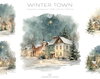 20 Winter Town Clipart | Snowy Village Watercolor PNG, Cozy Christmas Landscape Set