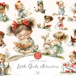 37 Cliparts de Meninas | Meninas Bonitas Lendo, Brincando e Cozinhando | PNG para Scrapbooking, Sublimação, Criação de Cartões e Diários