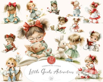 Little Girls Clipart: Watercolor Baking, Reading, Playing (PNG Digital Download)