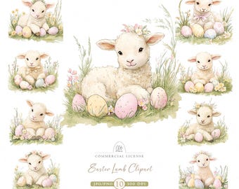Easter Lamb Clipart - 10 PNG JPG - Pastel Spring Watercolor Baby Sheep Digital Download