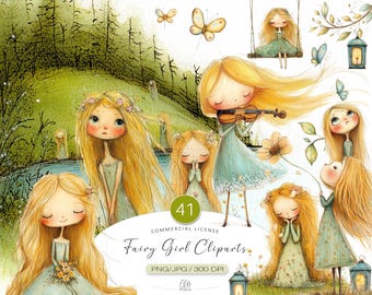 Fairy Girl Clipart Set: Woodland Fantasy Art (PNG JPG Digital Download)
