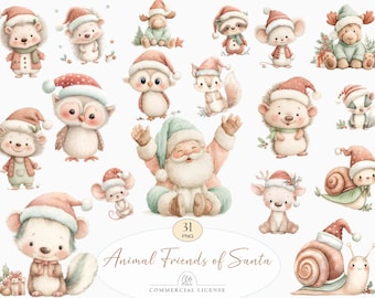 Christmas Animals Clipart Cute Holiday Critters PNG, Winter Woodland Baby Animals, Pastel Nursery Art, Kawaii Xmas Animal Illustrations Set