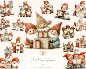 29 Christmas Gnome Clipart | Watercolor Xmas Elves PNG, Holiday Gift Gnomes Illustration