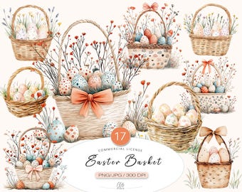 Watercolor Easter Basket Clipart: Floral Eggs, Spring Graphics (PNG JPG)