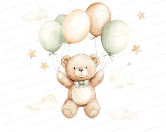 Teddy Bear Watercolor Clipart: Balloons, Nursery Art (JPG)