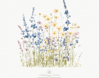 Watercolor Wildflower Clipart | Blue & Yellow Floral Meadow Illustration | 10 PNG Digital Download