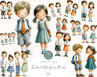 Watercolor School Uniform Clipart: Boy & Girl Students PNG Set