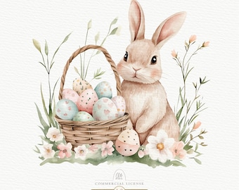 Watercolor Easter Bunny Clipart - 10 PNG JPG - Cute Rabbit with Eggs, Spring Animals