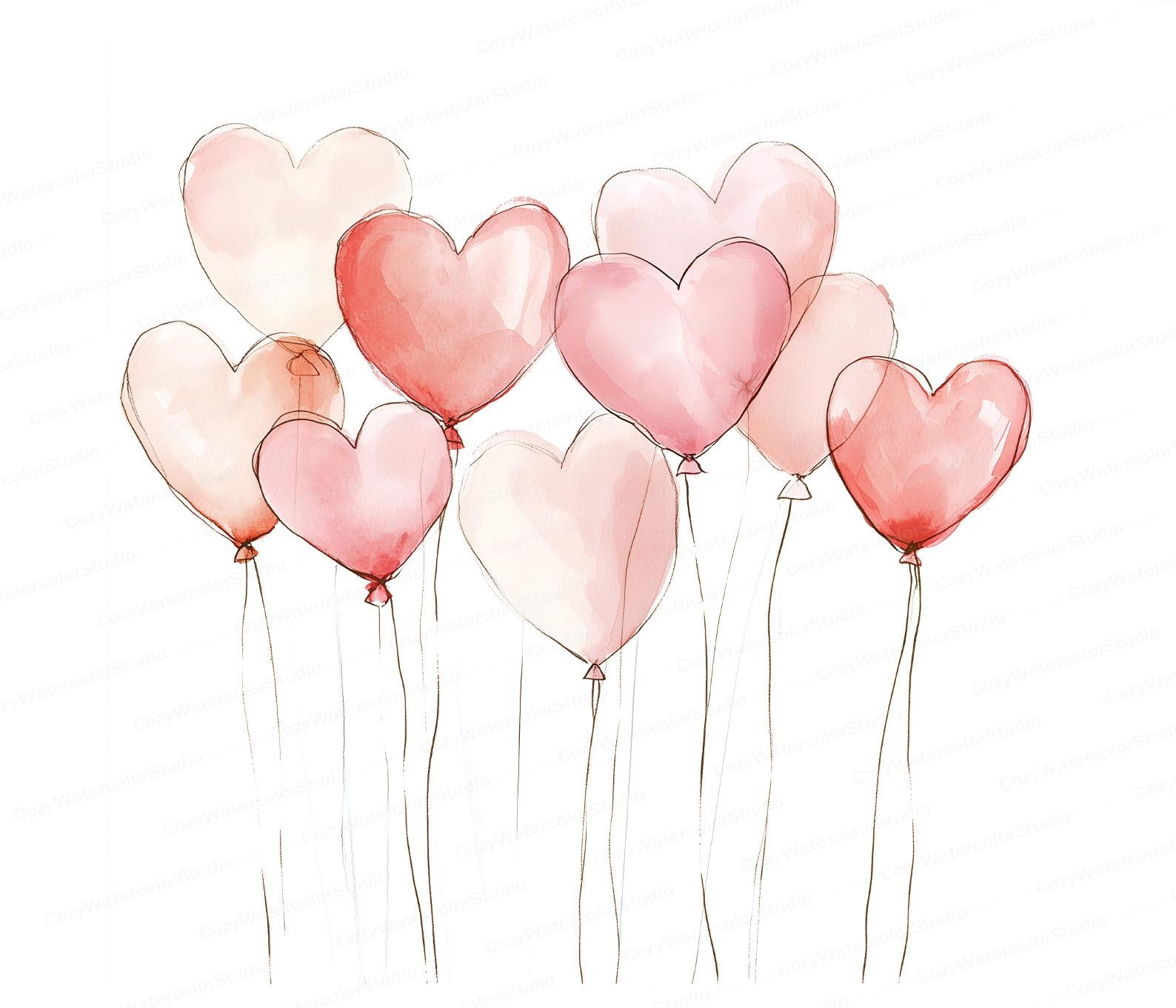 Watercolor Heart Balloons Clipart: Valentine's Day Wedding Art (digital ...
