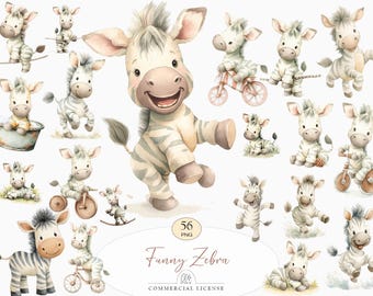Zebra Clipart Watercolor Cute Safari Baby Animals PNG Set