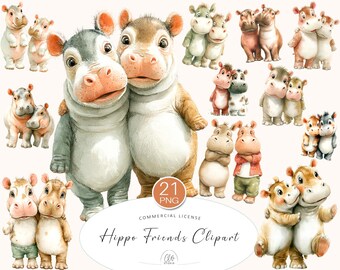 21 Hippo Friends Clipart – Cute Watercolor Hippopotamus Duo PNG, Animal Friendship Illustrations for Kids, Scrapbooking & Cards