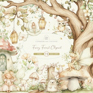 Puede incluir: Conjunto de clipart de acuarela con hadas, setas, un erizo, un pájaro, mariposas y linternas en un entorno de bosque de ensueño. El conjunto incluye 78 archivos PNG a 300 DPI.