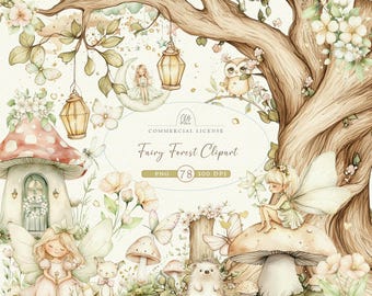 Fairy Forest Clipart: Watercolor Fairies, Mushroom House (Digital Download)