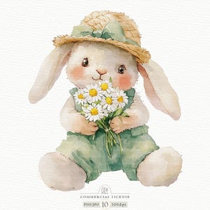 Cute Spring Bunny Clipart, Watercolor Rabbit 10 PNG JPG, Easter Bunny Illustration, Digital Download, Floral Bunny Art, 300 DPI
