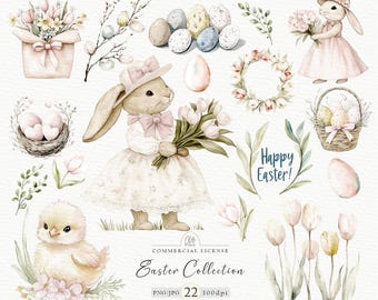Watercolor Easter Clipart Set: Bunny, Chick, Eggs (Digital Download)