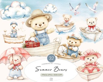 Bear Boat Clipart: Watercolor Sailing Bears, Nursery Art (PNG JPG, Instant Download)