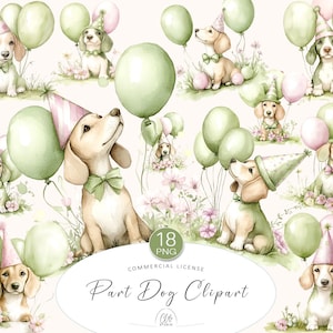 Clipart di cani di 18 anni / PNG di cuccioli con cappellino da festa verde con palloncini e fiori / Download immediato