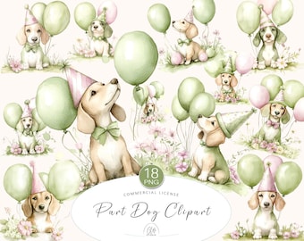 18 Birthday Dog Clipart | Green Party Hat Puppy PNGs with Balloons & Flowers | Instant Download