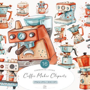 May include: A collection of 16 watercolor illustrations of coffee makers in various styles and colors. The illustrations include a French press, a percolator, a drip coffee maker, and an espresso machine. The illustrations are perfect for use in digital scrapbooking, card making, and other craft projects.