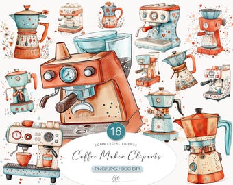 Coffee Maker Clipart Set: Vintage Espresso Machine Graphics (PNG JPG)