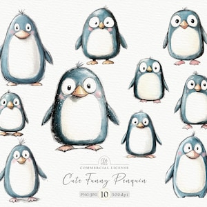 Ensemble de cliparts pingouin mignon | 10 pingouins rigolos en PNG et JPG | Illustration numérique, sublimation, téléchargement immédiat, 300 ppp