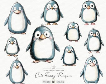 Cute Penguin Clipart Set | 10 PNG & JPG Funny Cartoon Penguins | Digital Illustration, Sublimation, Instant Download, 300 DPI