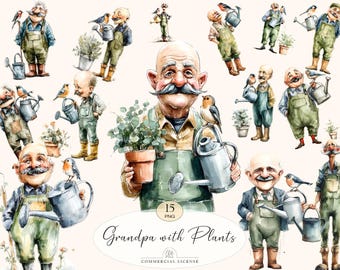15 Gardener Clipart | Watercolor Grandpa with Plants & Birds PNG