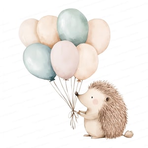 Hérisson à l'aquarelle avec des ballons | Illustration animale mignonne | Clipart numérique pour projets d'enfants 8 JPG