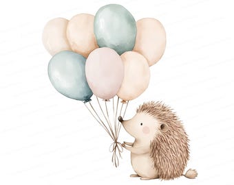 Watercolor Hedgehog with Balloons Clipart: Kids' Illustration (JPG)