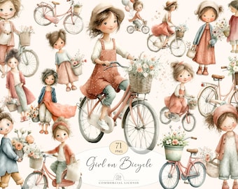 71 Girl on Bicycle Clipart | Watercolor Bike with Flowers PNG