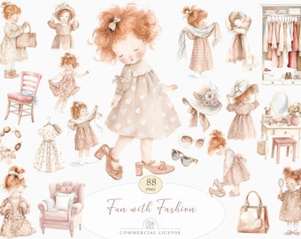 Watercolor Girl Clipart Vintage Children Nursery Fashion PNG Set