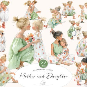 20 Mutter und Tochter PNG Clipart - Zärtliche Momente in Pastell Aquarell Stil für Karten, Drucke, Sublimation | Sofort Download