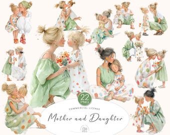 Mother & Daughter Watercolor Clipart: Pastel Family PNG (Instant Download)