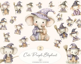 31 Halloween Elephant Clipart | Purple Witch Elephant, Cute Animal PNG