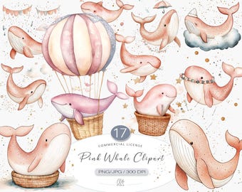 Pink Whale Clipart Set: Baby Nursery Animal Graphics (Instant Download)