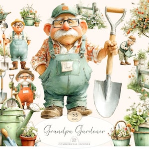 Puede incluir: Ilustración en acuarela con el tema del abuelo jardinero. La figura central, un jardinero con bigote blanco y gafas, sostiene una pala. Otras imágenes incluyen herramientas de jardinería, flores y el texto "Grandpa Gardener".