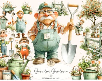 53 Gardening Clipart | Watercolor Grandpa Gardener PNG, Garden Tools & Flowers