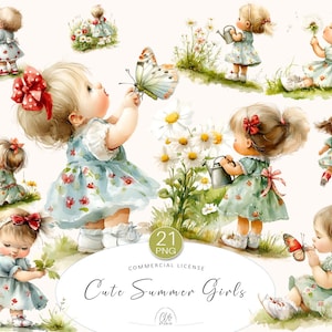 21 imágenes prediseñadas de niña bebé PNG / Lindas niñas de verano con flores y mariposas, arte infantil para guardería, scrapbooking, decoración de baby shower