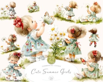 Baby Girl Clipart PNG: Summer Toddlers with Flowers (Digital Download, Commercial Use License)