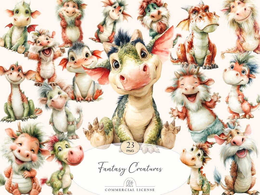 Watercolor Baby Dragon Clipart | Fantasy PNG Set - Etsy