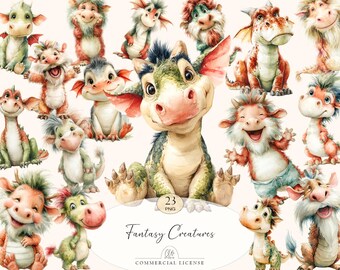 23 Cute Dragon Clipart | Watercolor Baby Dragons, Fantasy Creatures | PNG Set