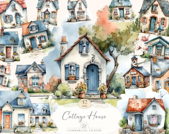 32 Cottage House Clipart | Watercolor Village Homes, Cozy Architecture PNG