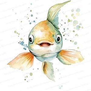 水彩魚クリップアート 10 点セット | 水彩のかわいい海の動物イラスト | 子供や DIY プロジェクト用のデジタル ダウンロード JPG