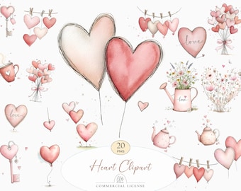 Heart Clipart Watercolor Love Valentine Romantic PNG Set