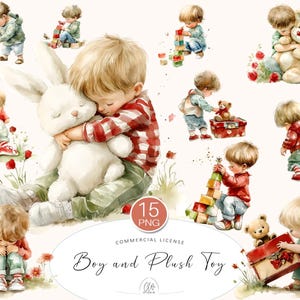 Può includere: Illustrazioni ad acquerello di un bambino con peluche. L'immagine presenta un bambino che abbraccia un coniglietto di peluche bianco e altre scene con un orsacchiotto e blocchi di costruzione. Il testo "Boy and Plush Toy" è visibile.
